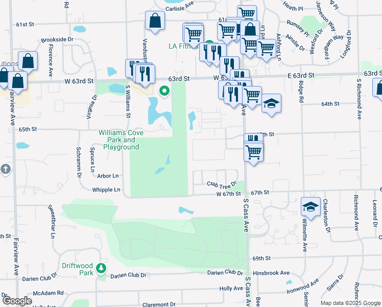 map of restaurants, bars, coffee shops, grocery stores, and more near 1442 Carriage Lane in Westmont