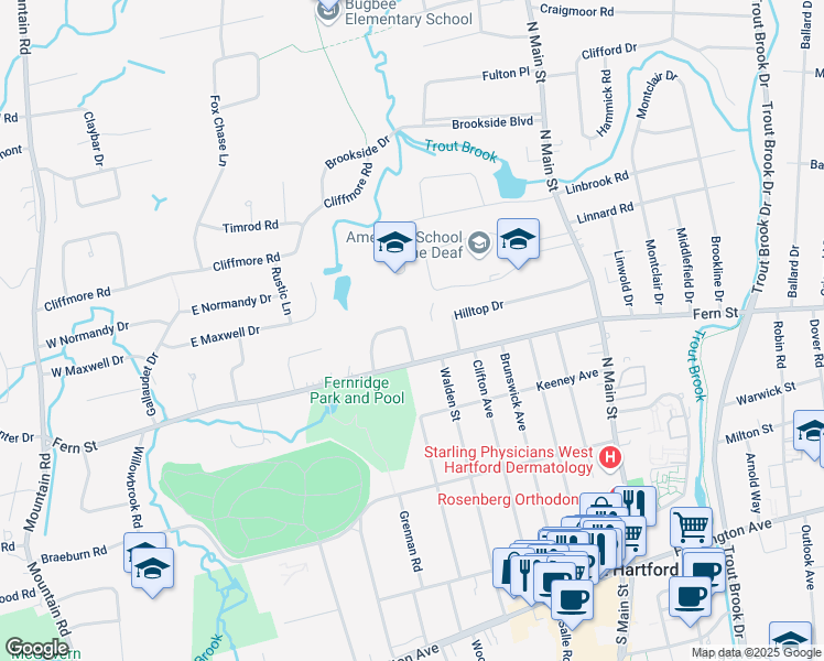 map of restaurants, bars, coffee shops, grocery stores, and more near 14 Cobbs Road in West Hartford