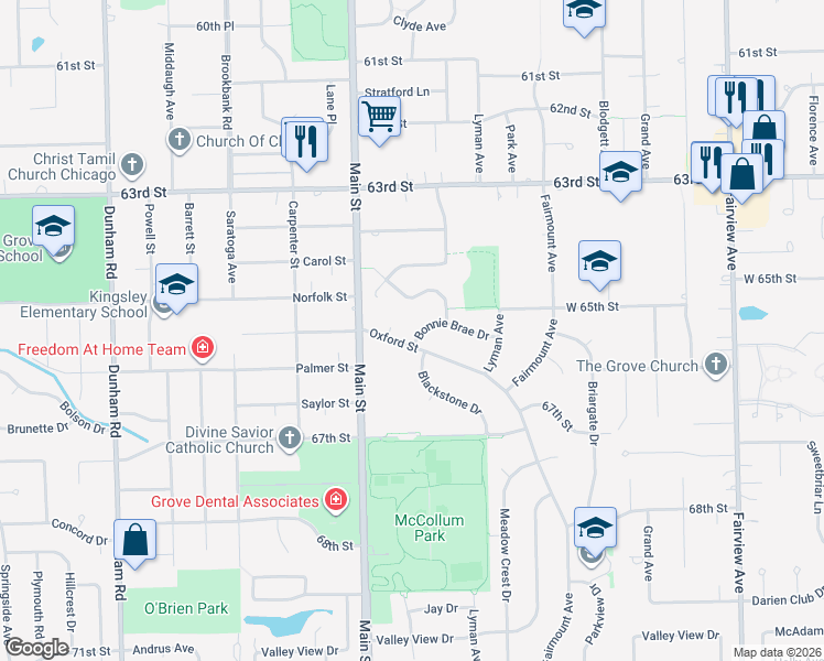 map of restaurants, bars, coffee shops, grocery stores, and more near 924 Bonnie Brae Drive in Downers Grove