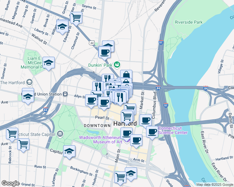 map of restaurants, bars, coffee shops, grocery stores, and more near 48 Church Street in Hartford