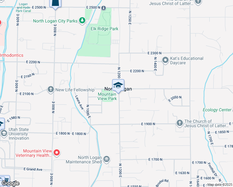 map of restaurants, bars, coffee shops, grocery stores, and more near 2063 North 1200 East in North Logan