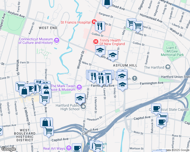 map of restaurants, bars, coffee shops, grocery stores, and more near 17 Marshall Street in Hartford