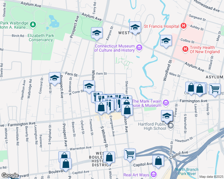 map of restaurants, bars, coffee shops, grocery stores, and more near 76 Kenyon Street in Hartford