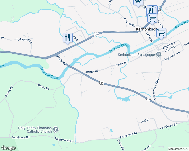 map of restaurants, bars, coffee shops, grocery stores, and more near 6120 U.S. 44 in Kerhonkson