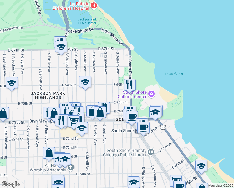 map of restaurants, bars, coffee shops, grocery stores, and more near 6926 South Oglesby Avenue in Chicago