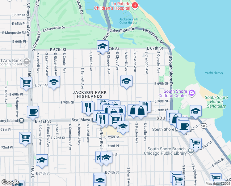 map of restaurants, bars, coffee shops, grocery stores, and more near 6930 South Clyde Avenue in Chicago