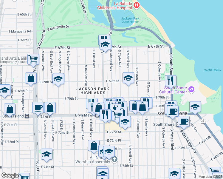 map of restaurants, bars, coffee shops, grocery stores, and more near 6930 South Clyde Avenue in Chicago