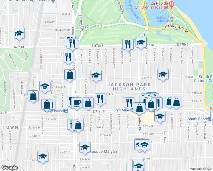map of restaurants, bars, coffee shops, grocery stores, and more near 6926 South Cregier Avenue in Chicago