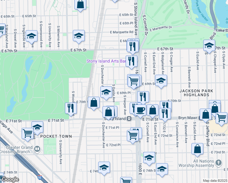 map of restaurants, bars, coffee shops, grocery stores, and more near 6923 South Dante Avenue in Chicago