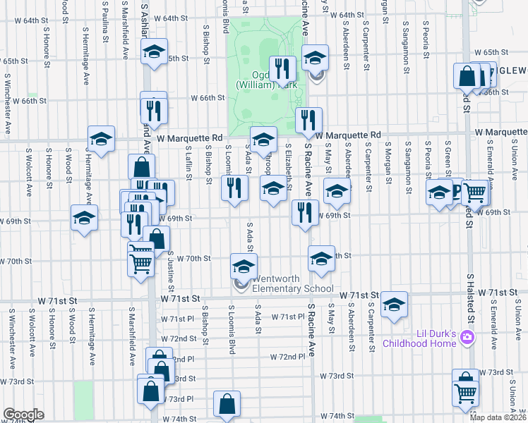 map of restaurants, bars, coffee shops, grocery stores, and more near 6858 South Throop Street in Chicago