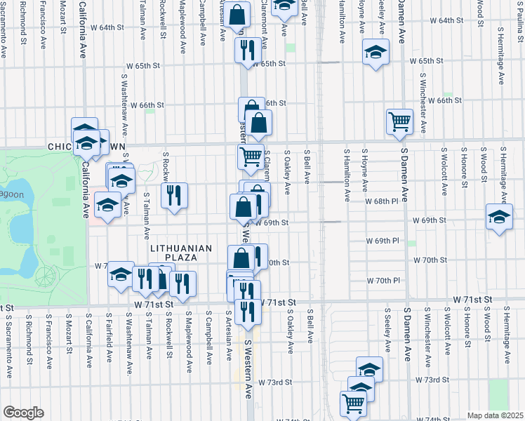 map of restaurants, bars, coffee shops, grocery stores, and more near 6836 South Claremont Avenue in Chicago