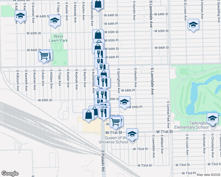 map of restaurants, bars, coffee shops, grocery stores, and more near 3938 West 68th Place in Chicago