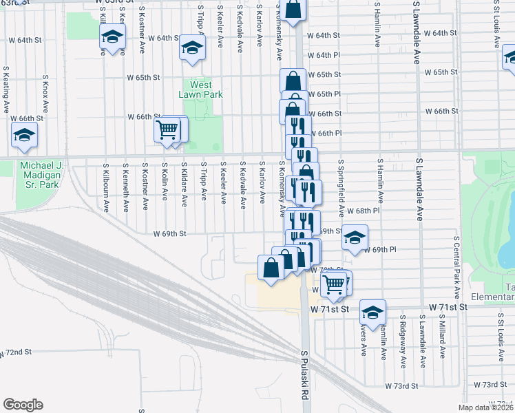 map of restaurants, bars, coffee shops, grocery stores, and more near 6817 South Kedvale Avenue in Chicago