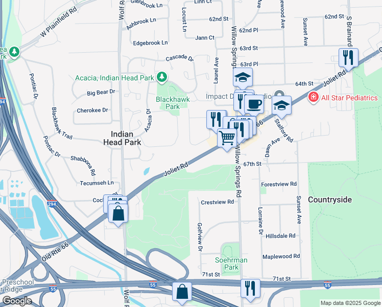 map of restaurants, bars, coffee shops, grocery stores, and more near 6804 Joliet Road in Indian Head Park