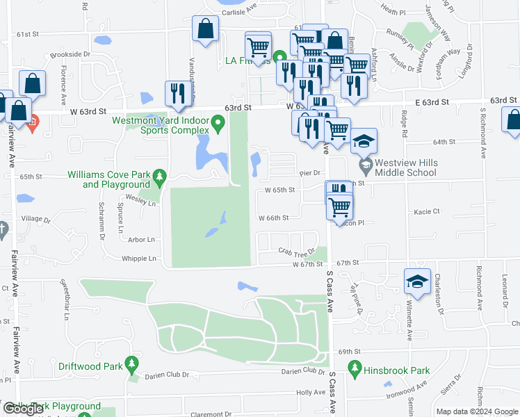 map of restaurants, bars, coffee shops, grocery stores, and more near 112 West 66th Street in Westmont