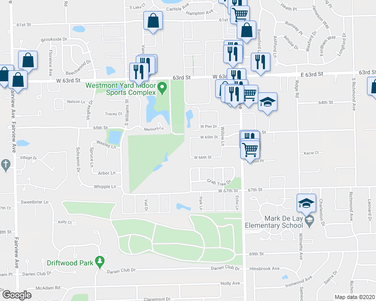 map of restaurants, bars, coffee shops, grocery stores, and more near 201 63rd Street in Westmont