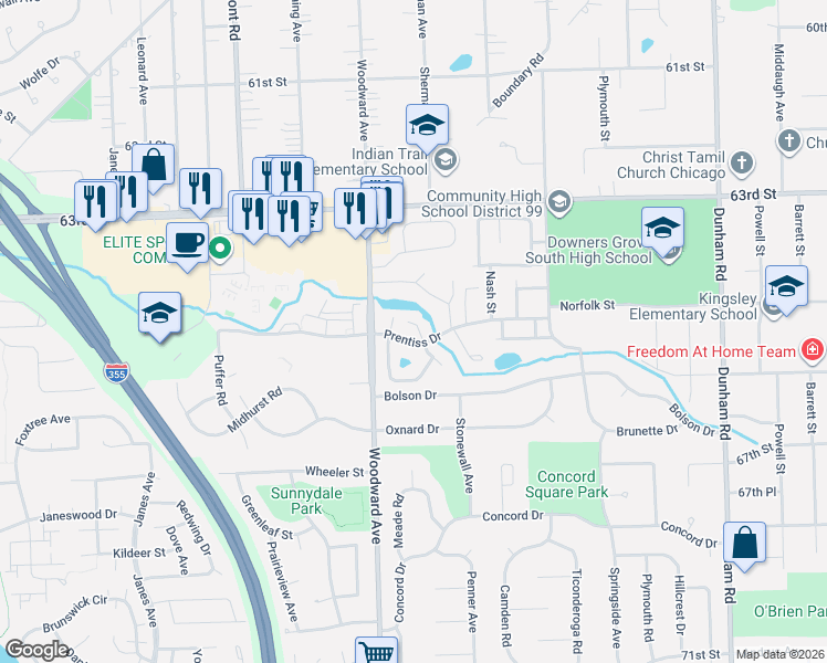 map of restaurants, bars, coffee shops, grocery stores, and more near 6500 Kensington Place in Downers Grove