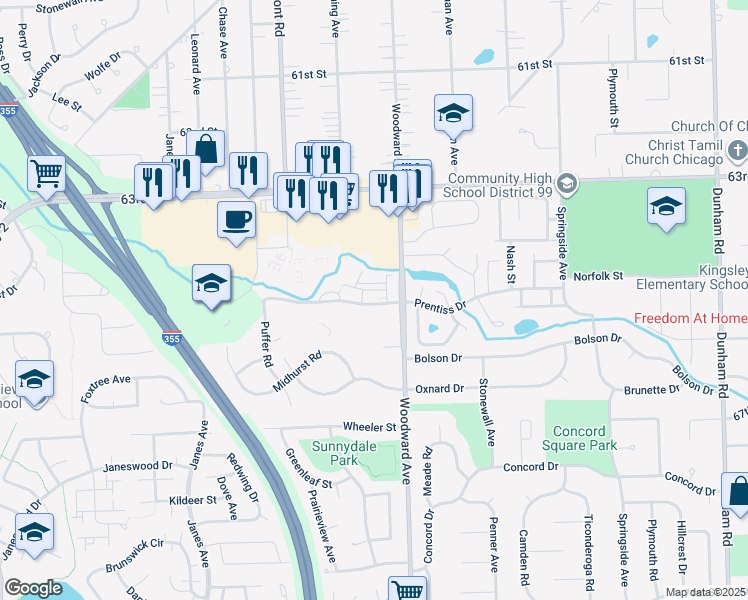 map of restaurants, bars, coffee shops, grocery stores, and more near 2038 Prentiss Drive in Downers Grove