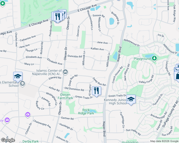 map of restaurants, bars, coffee shops, grocery stores, and more near 255 Millcreek Lane in Naperville