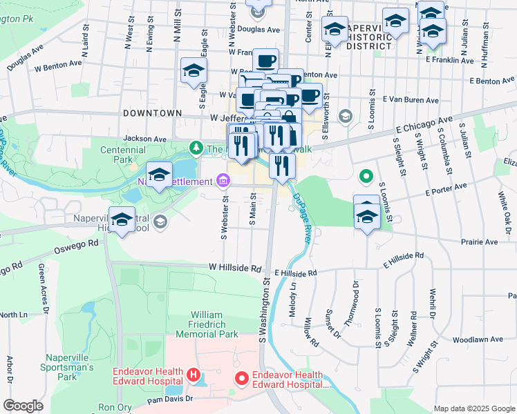 map of restaurants, bars, coffee shops, grocery stores, and more near 535 South Washington Street in Naperville