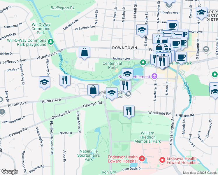 map of restaurants, bars, coffee shops, grocery stores, and more near 509 Aurora Avenue in Naperville