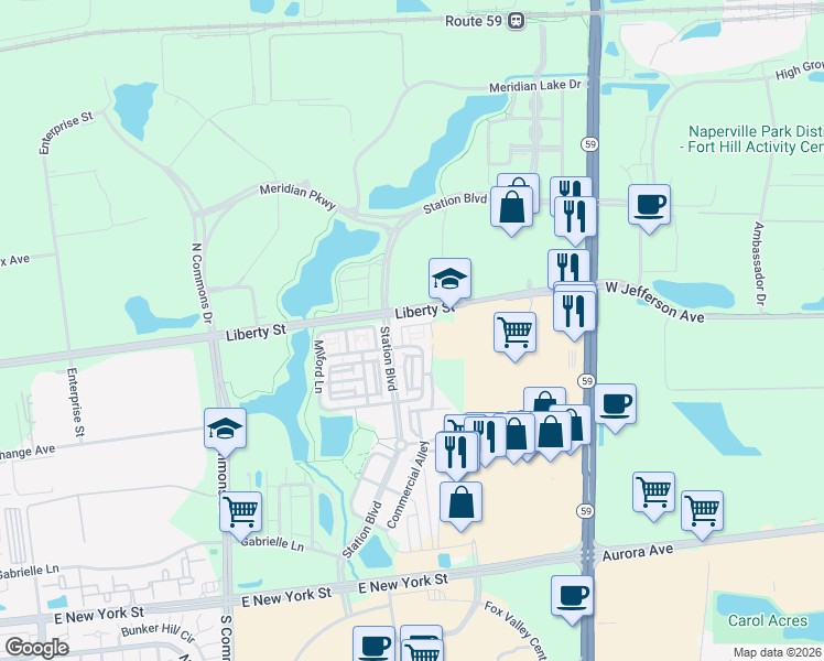map of restaurants, bars, coffee shops, grocery stores, and more near 849 Station Boulevard in Aurora