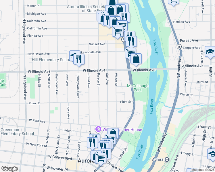 map of restaurants, bars, coffee shops, grocery stores, and more near 602 Oak Avenue in Aurora