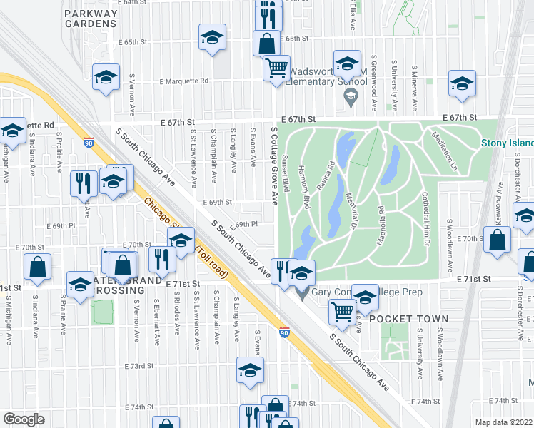 map of restaurants, bars, coffee shops, grocery stores, and more near 6930 South Cottage Grove Avenue in Chicago