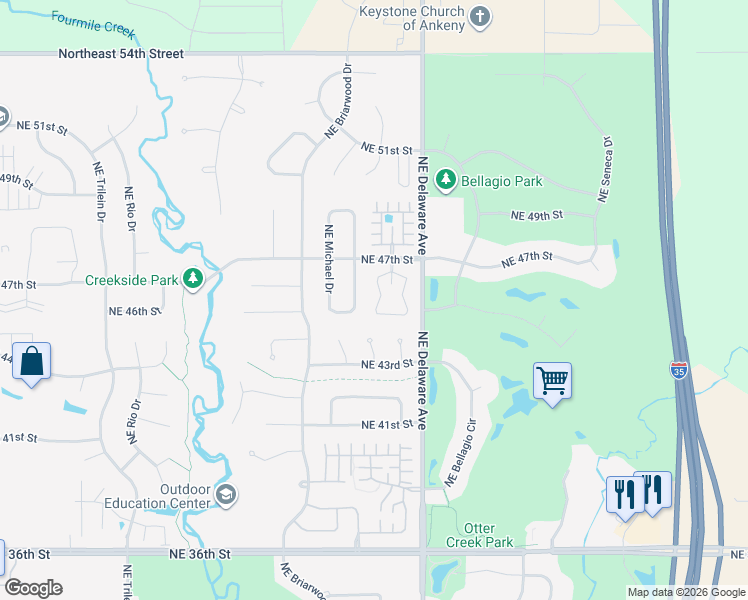 map of restaurants, bars, coffee shops, grocery stores, and more near 4519 Northeast Hayes Drive in Ankeny