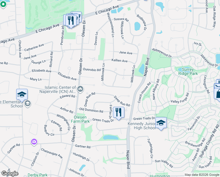 map of restaurants, bars, coffee shops, grocery stores, and more near 255 Millcreek Lane in Naperville