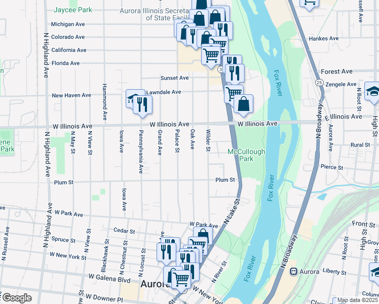 map of restaurants, bars, coffee shops, grocery stores, and more near 602 Oak Avenue in Aurora