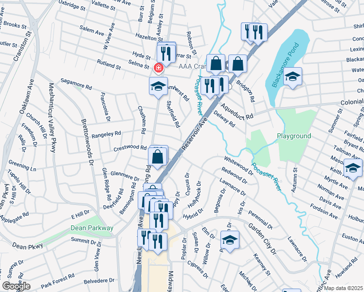 map of restaurants, bars, coffee shops, grocery stores, and more near 1193 Reservoir Avenue in Cranston