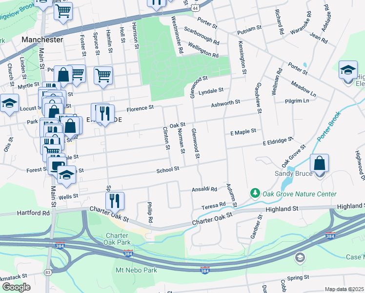 map of restaurants, bars, coffee shops, grocery stores, and more near 40 Glenwood Street in Manchester