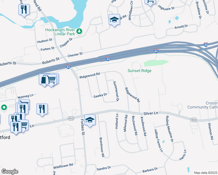 map of restaurants, bars, coffee shops, grocery stores, and more near 39 Summerset Drive in East Hartford