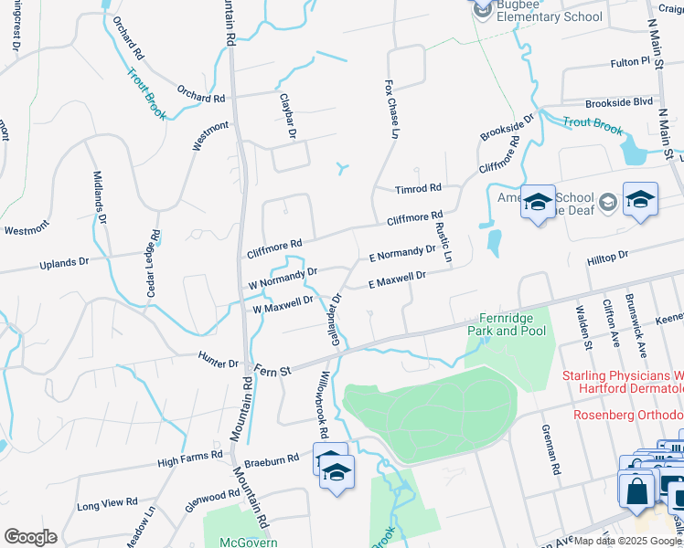 map of restaurants, bars, coffee shops, grocery stores, and more near 43 Gallaudet Drive in West Hartford