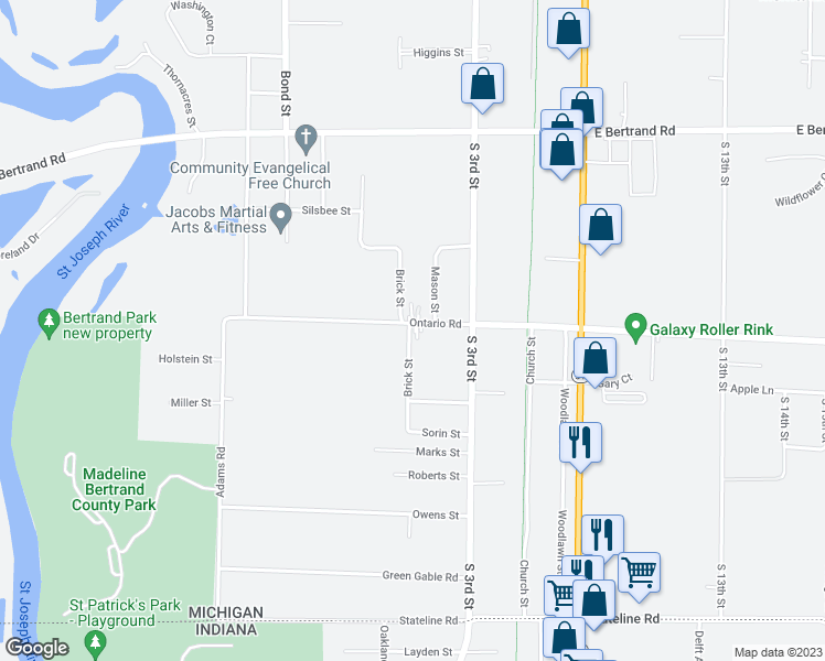 map of restaurants, bars, coffee shops, grocery stores, and more near 222 Ontario Road in Niles