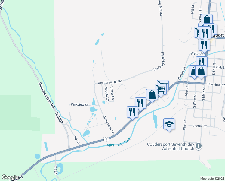 map of restaurants, bars, coffee shops, grocery stores, and more near 27 Upper Lane in Coudersport