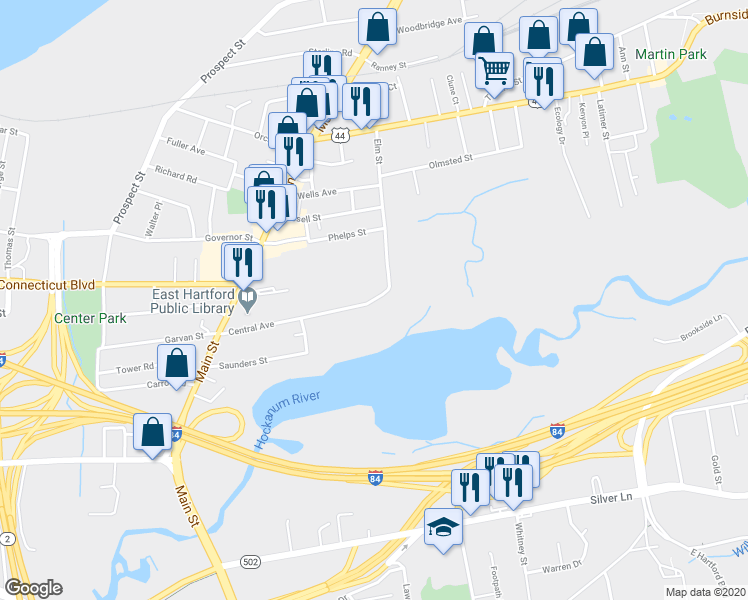map of restaurants, bars, coffee shops, grocery stores, and more near 140 Central Avenue in East Hartford