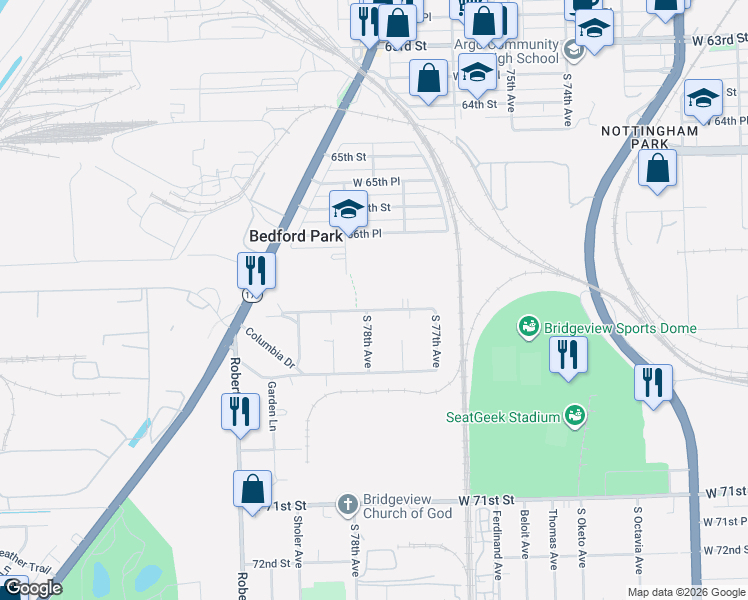 map of restaurants, bars, coffee shops, grocery stores, and more near 7800 Suburban Lane in Bridgeview