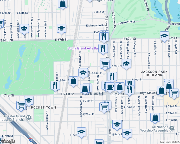 map of restaurants, bars, coffee shops, grocery stores, and more near 6925 South Dante Avenue in Chicago
