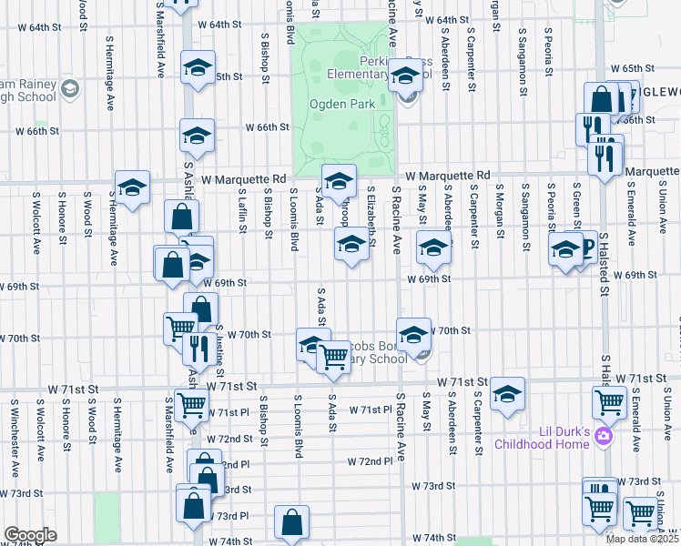 map of restaurants, bars, coffee shops, grocery stores, and more near 6858 South Throop Street in Chicago