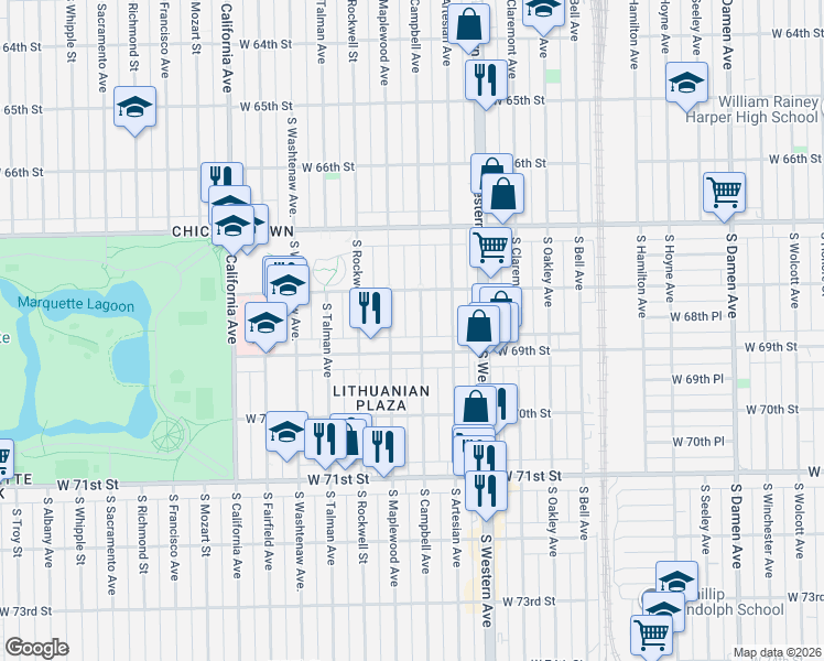 map of restaurants, bars, coffee shops, grocery stores, and more near 6837 South Campbell Avenue in Chicago