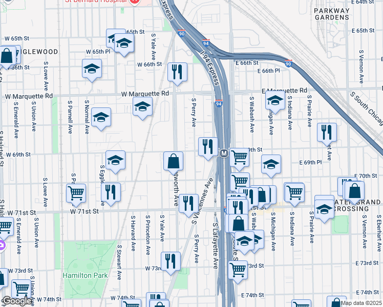 map of restaurants, bars, coffee shops, grocery stores, and more near 6900 South Perry Avenue in Chicago
