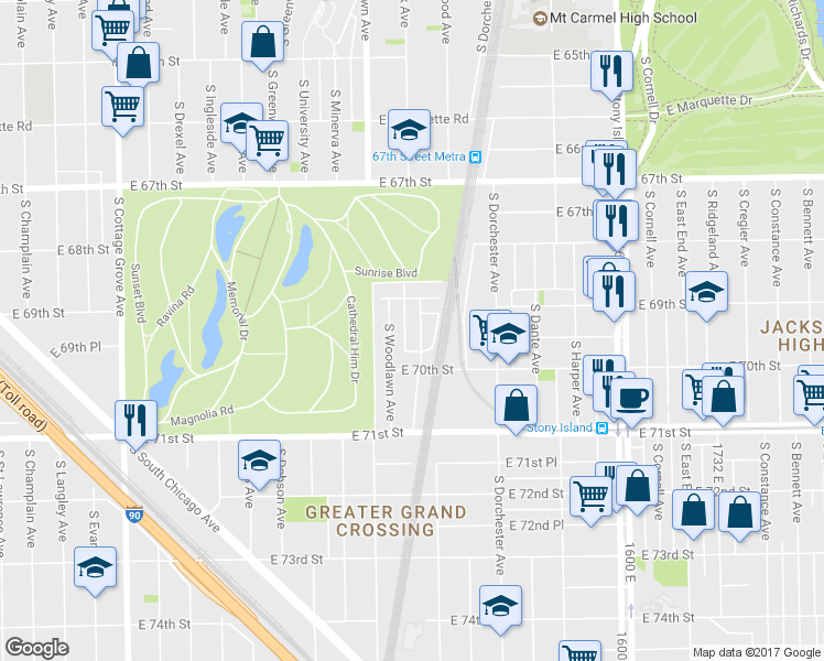 map of restaurants, bars, coffee shops, grocery stores, and more near 6930 South Kimbark Avenue in Chicago