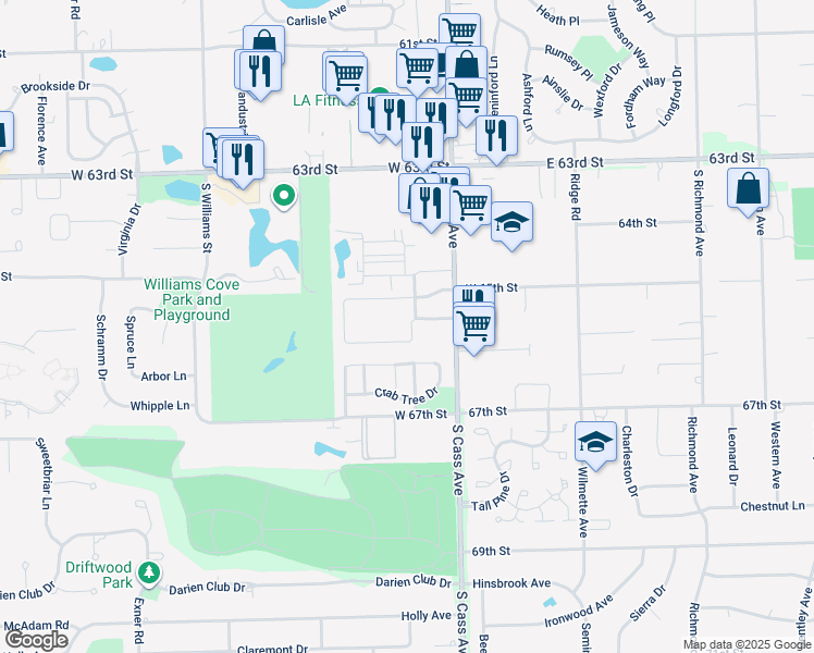 map of restaurants, bars, coffee shops, grocery stores, and more near 1440 Willow Lane in Westmont