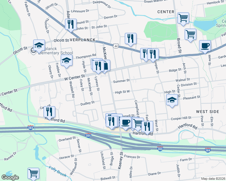 map of restaurants, bars, coffee shops, grocery stores, and more near 144 McKee Street in Manchester