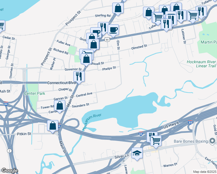 map of restaurants, bars, coffee shops, grocery stores, and more near 128 Central Avenue in East Hartford