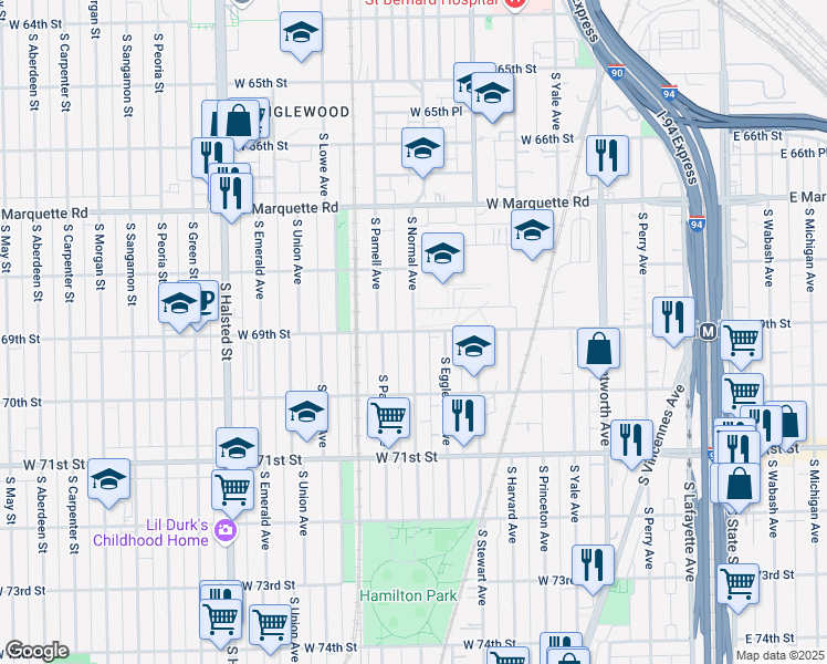 map of restaurants, bars, coffee shops, grocery stores, and more near West 69th Street & South Normal Boulevard in Chicago