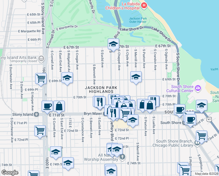 map of restaurants, bars, coffee shops, grocery stores, and more near 6926 South Jeffery Avenue in Chicago