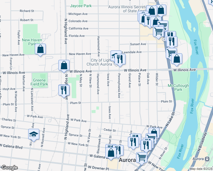 map of restaurants, bars, coffee shops, grocery stores, and more near 608 Iowa Avenue in Aurora